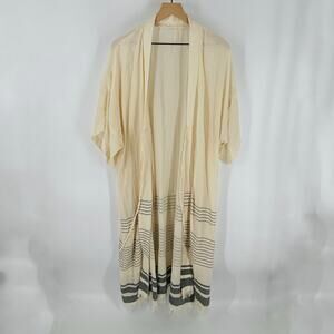 Handloom Cream Gray Stripe Short Sleeve Open Front Cotton Kaftan OS
